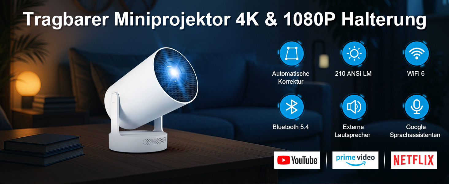 Портативний міні-проектор 4K з Wi-Fi 2.4/5G, Android 11, Full HD 1080P, HDMI, для телефону/ПК/ноутбука/Stick, зовнішній динамік (HY300Plus)