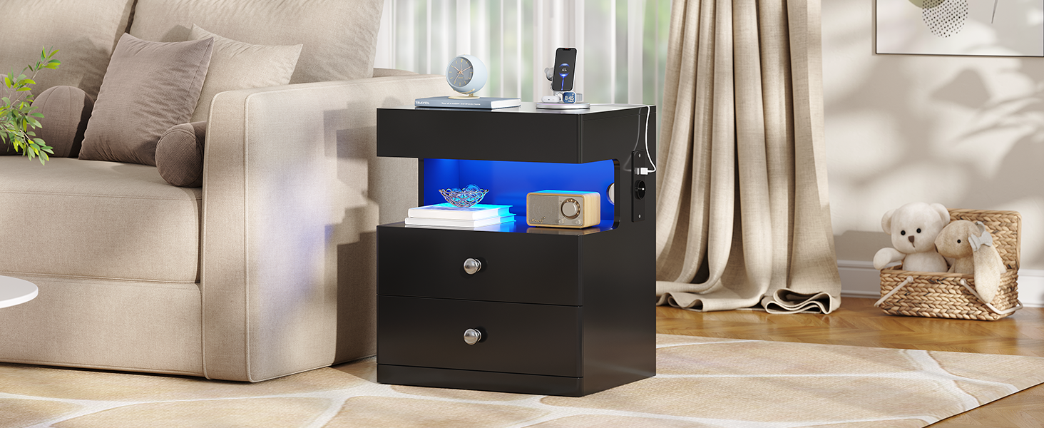 Нічний столик AOGLLATI з прихованим відділенням, розеткою та LED-підсвічуванням, 2 шухляди, висувний ящик, полиця, глянцева поверхня (40x35x59 см, чорний, 2)