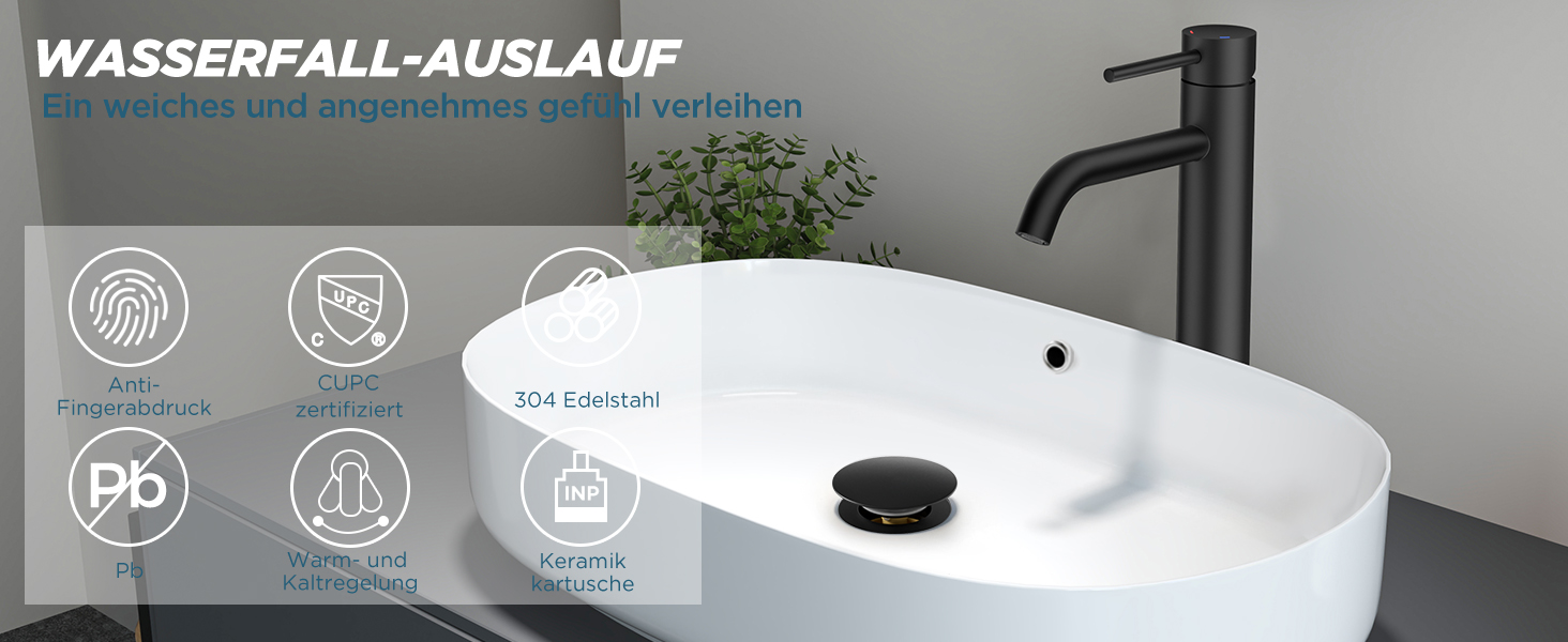 Змішувач для ванної кімнати FORIOUS з набором для зливу, чорний матовий, висота виливу 190 мм, однорідний змішувач для раковини