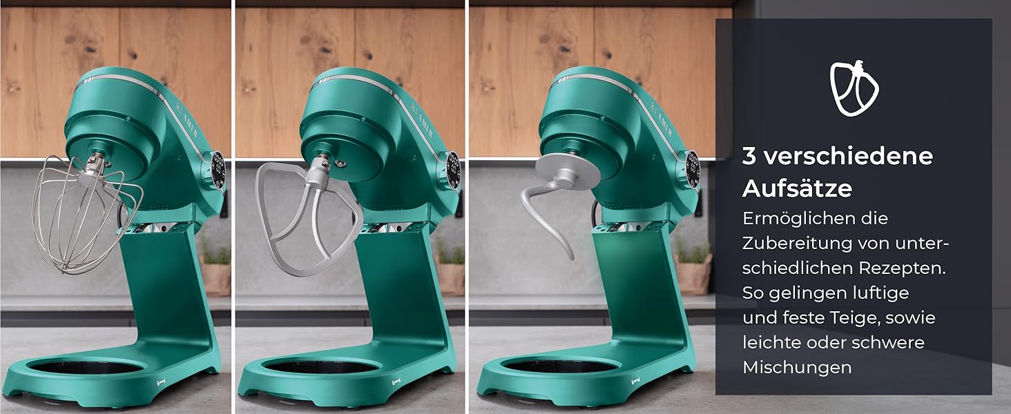 Кухонний комбайн KLAMER 1800W — Планетарний міксер для тіста з чашею 6л, 10 швидкостями та таймером, набір насадок (гак, вінчик, міксер), колір бірюзовий