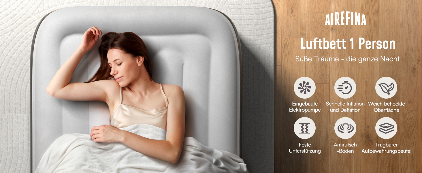 Надувний матрац Airefina з самонадуваванням та інтегрованою помпою, преміум-гостьове ліжко, швидке надування за 3 хвилини, для кемпінгу та дому, 203x152x40 см, 2 особи