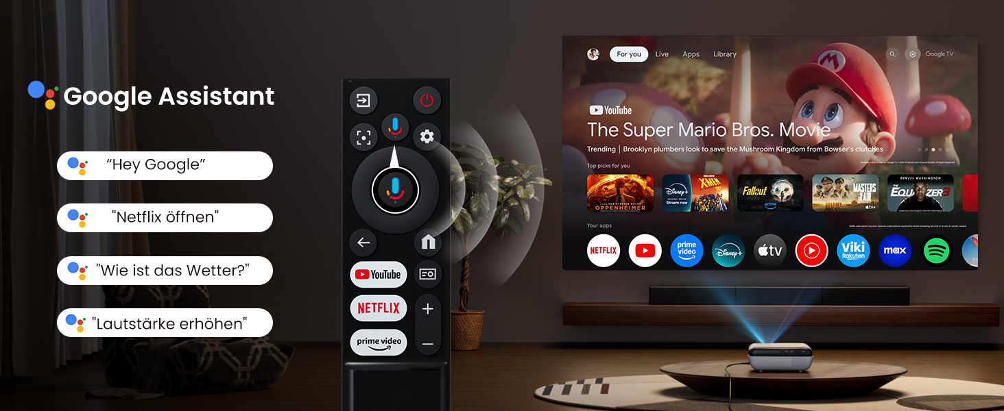 Портативний проєктор HAPPRUN Mini Beamer 4K з Bluetooth та Google TV: 4K, Full HD, HDMI, USB, AV, для кінотеатру вдома