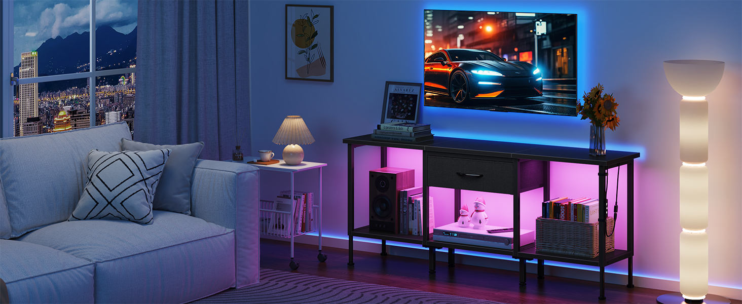 Тумба під телевізор з LED-підсвічуванням, 120 см, з розеткою та USB-портами, для телевізорів до 55 дюймів, чорна