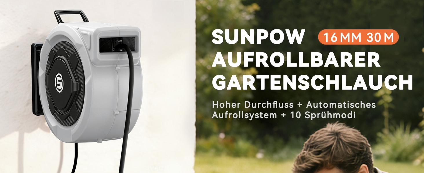 Шланговий барабан SUNPOW настінний 30м для саду, тераси та двору. Автоматичний намотувач шланга 16 мм з фіксацією, поворотна стійка 180°, 10-функціональна насадка для поливу.