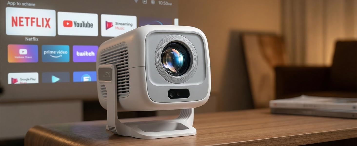 Smart-проектор Beamer 4K Full HD 1080P для домашнього кінотеатру, 700 ANSI люмен, Netflix, Dolby Audio, автофокус та автоматична корекція трапеції, короткофокусний, білий