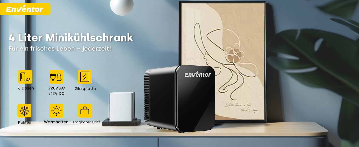 Mini холодильник Enventor 10L: портативний, з подвійним охолодженням, 12V/220V, для авто, спальні, офісу, чорний