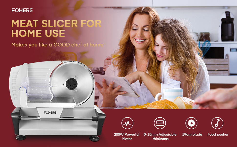 Електричний слайсер FOHERE: Brotschneidemaschine з регулюванням товщини нарізки (0-15 мм), 200W, для м'яса, ковбас, шинки, з нержавіючої сталі, з захистом