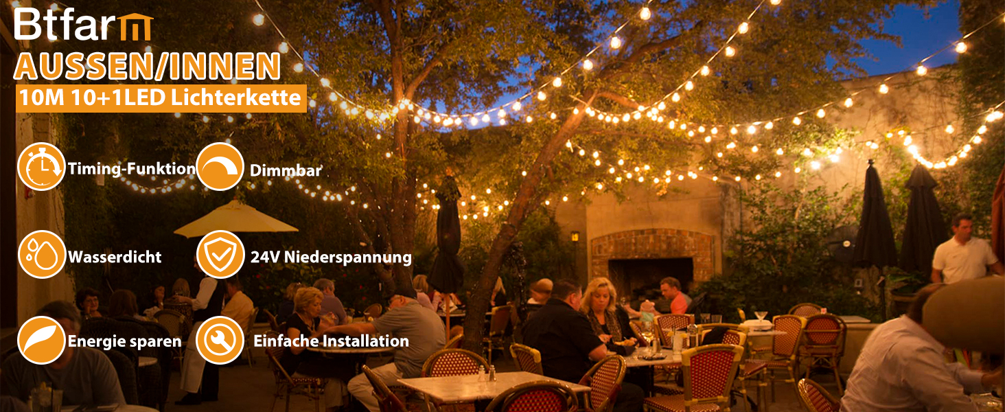 Льо́нтова світлодіодна гірлянда BTfarm 13M, зовнішня, диммування, таймер, 18+1 LED, для саду, тераси, вечірок, тепле біле світло, вологостійка, для зовнішнього використання