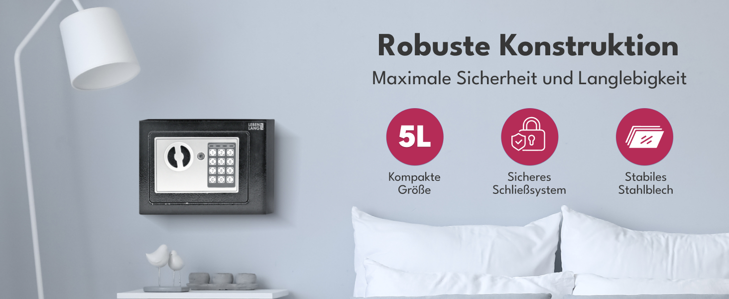 Сейф для дому LEBENLANG 5L з вогнестійким кишеням та запасним ключем | Сейф для грошей, документів, цінностей | Настінний сейф, шафка-сейф