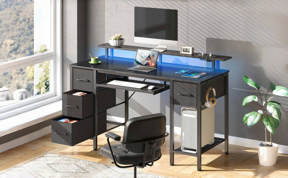 Ігровий стіл Seventable з LED, розетками та USB портами, чорний 120x47x88 см