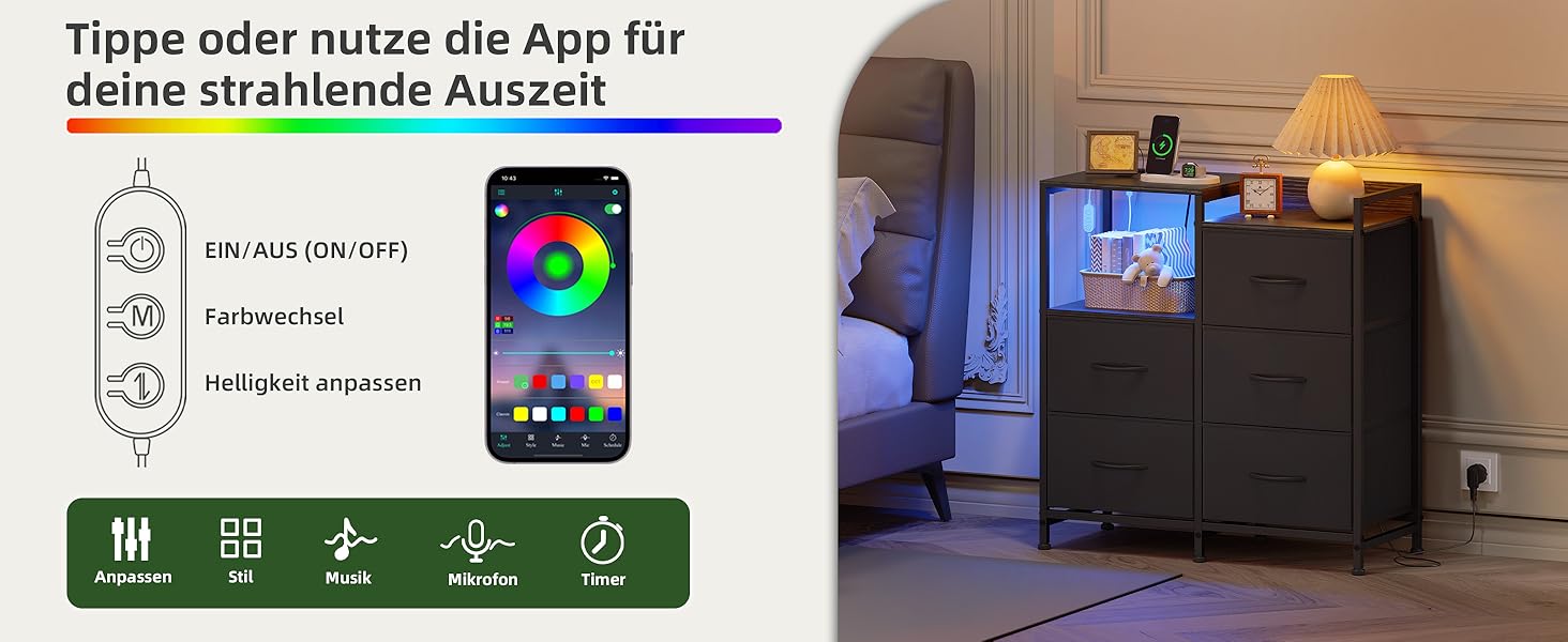 Комод з ящиками для спальні, вітальні, коридору Somdot з LED-підсвічуванням та розетками (2 AC, 1 USB, 1 Type-C), 5 тканинних ящиків, білий, 29T x 66,5B x 70,5H см