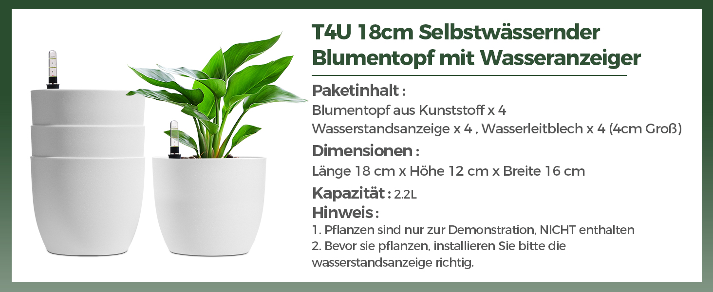 Набір горщиків для квітів T4U 15см з автополивом та індикатором рівня води, 4 шт. Горщики для квітів, вазони для дому та саду (білі, 18.5*16см)