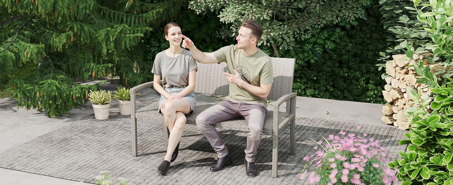 Садова лавка з поліротангу UDPATIO для тераси, балкону та саду (123x63x86 см, сіра). Міцна (до 320 кг) з спинкою та підлокітниками