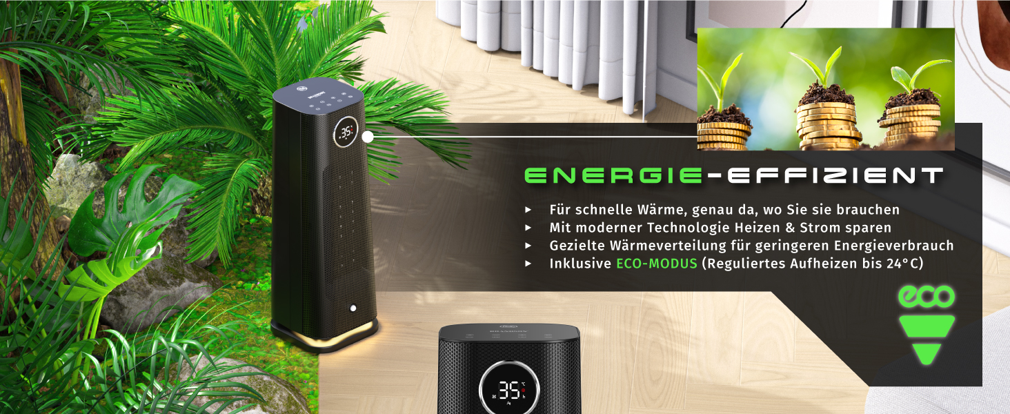 Обігрівач Brandson з пультом керування, 2000 Вт, ECO режим, осциляція, захист від дітей, таймер, LED-підсвічування, для ванної, вітальні, офісу, дитячої кімнати