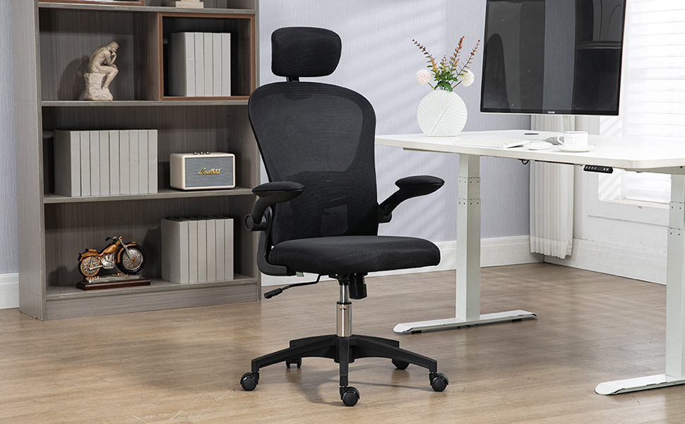 Офісний стіл Vinsetto з високою спинкою, сітчаста тканина, комп'ютерне крісло з обертовою підголовником, 4D-підтримка попереку, регульовані підлокітники, регульована висота, білий (чорний)