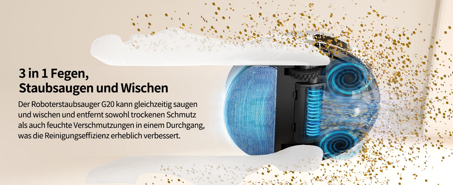 Робот-пилосос HONITURE G20 з функцією миття підлоги, 4000Pa, 3-в-1, для тварин, килимів, твердих підлог, з пультом дистанційного керування, білий