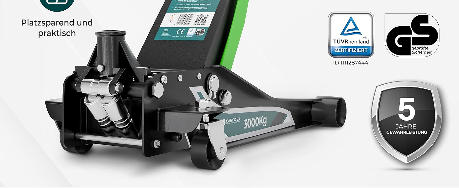 Гідравлічний домкрат CargoVA 3T з низьким профілем (75-505мм) + килимок + 2 гумові накладки | Для SUV та авто з низькою посадкою | Професійний набір для заміни коліс (TÜV)