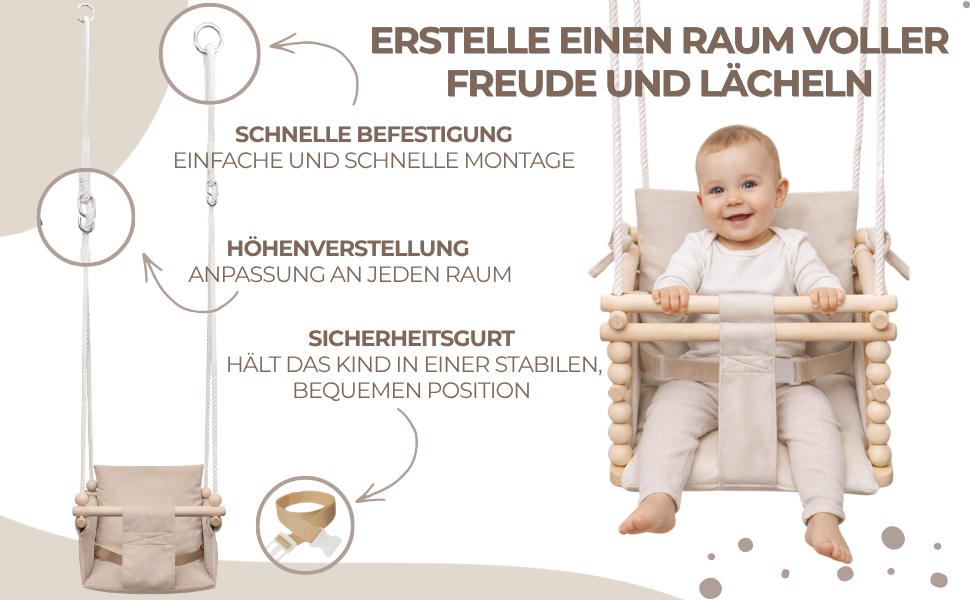 Дитяча гойдалка-колиска MAMOI з ременем безпеки, регульована висота 150-190 см, бежева. Гойдалка для дому, міцна конструкція, велюрове сидіння, легкий монтаж.