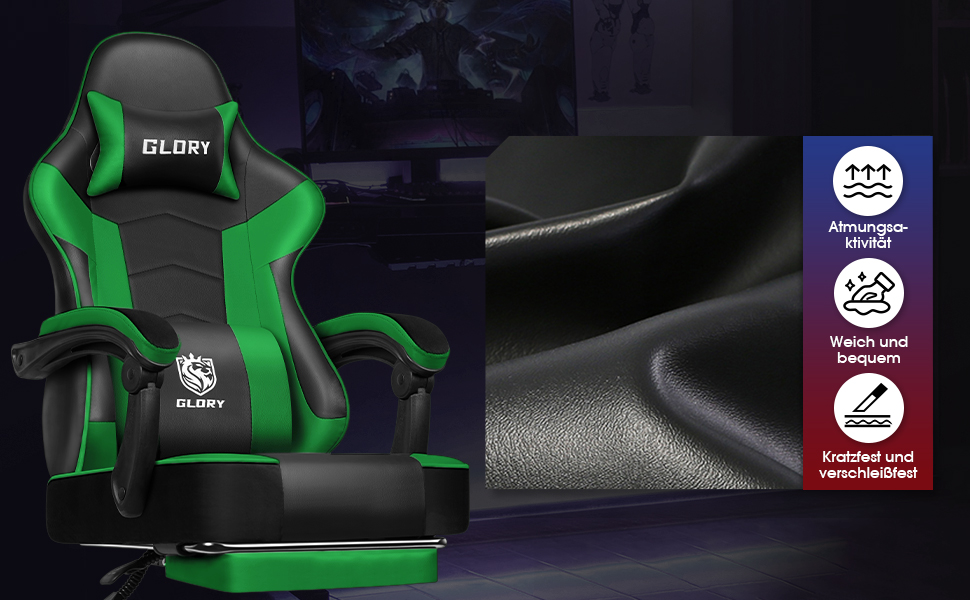 Ігровий крісло, офісне ергономічне крісло з телескопічною підніжкою, підголівник та поперекова підтримка, регульоване та поворотне, 150 кг, зелений