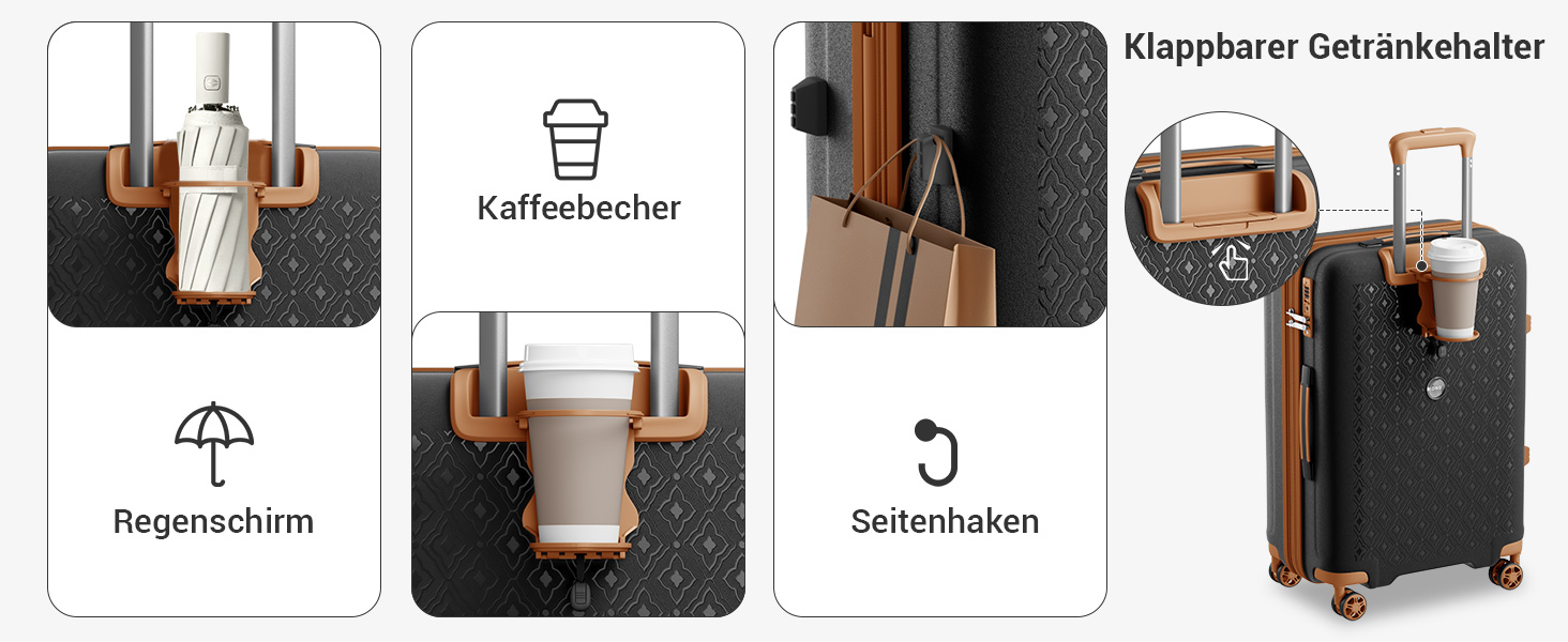 Чемодан ручної поклажі KONO з тримачем для напоїв, жорсткий корпус, легкий, поліпропілен, розширюваний, з 4 колесами та TSA замком (Чорний/Коричневий, M)