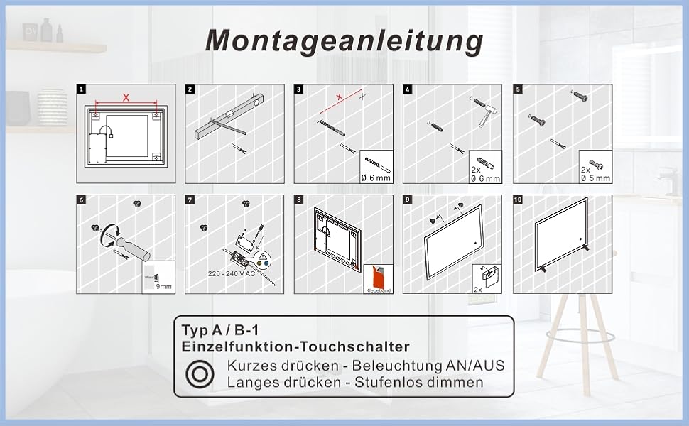 Дзеркало для ванної кімнати AQUABATOS LED 50x70 см з підсвічуванням, сенсорне керування, 6400K, IP44, CE, енергозберігаюче