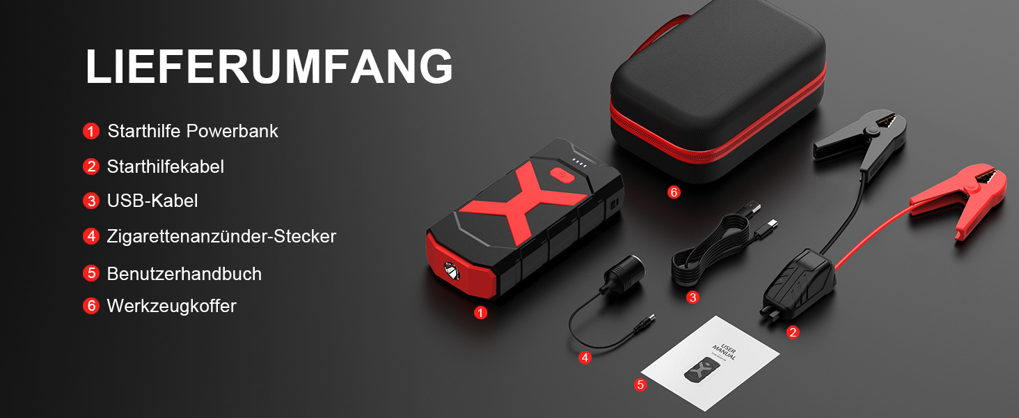 Портативний акумулятор-пусковий пристрій POWKEY для автомобілів, 2000A, 12V, з LED-ліхтариком та 2 USB-виходами (червоний)