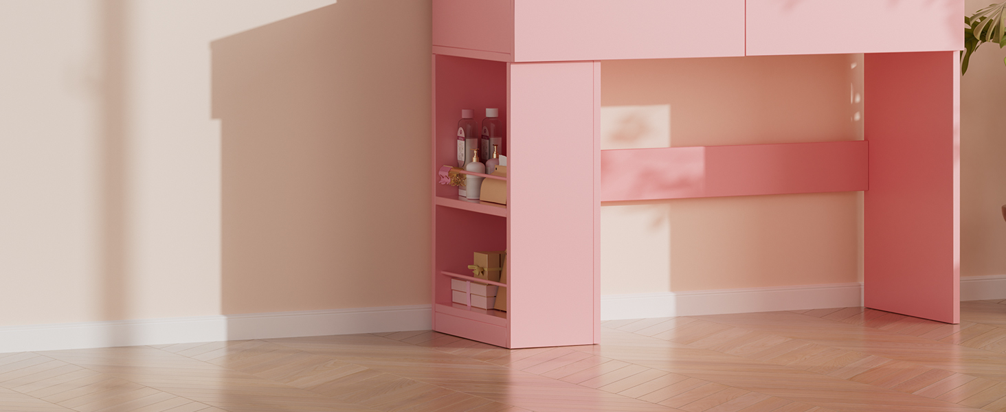 Трюмо Airfish з підсвічуванням 108x40 см: туалетний столик з дзеркалом, полицями, 2 шухлядами, регульоване освітлення, для спальні/вітальні (білий/рожевий)