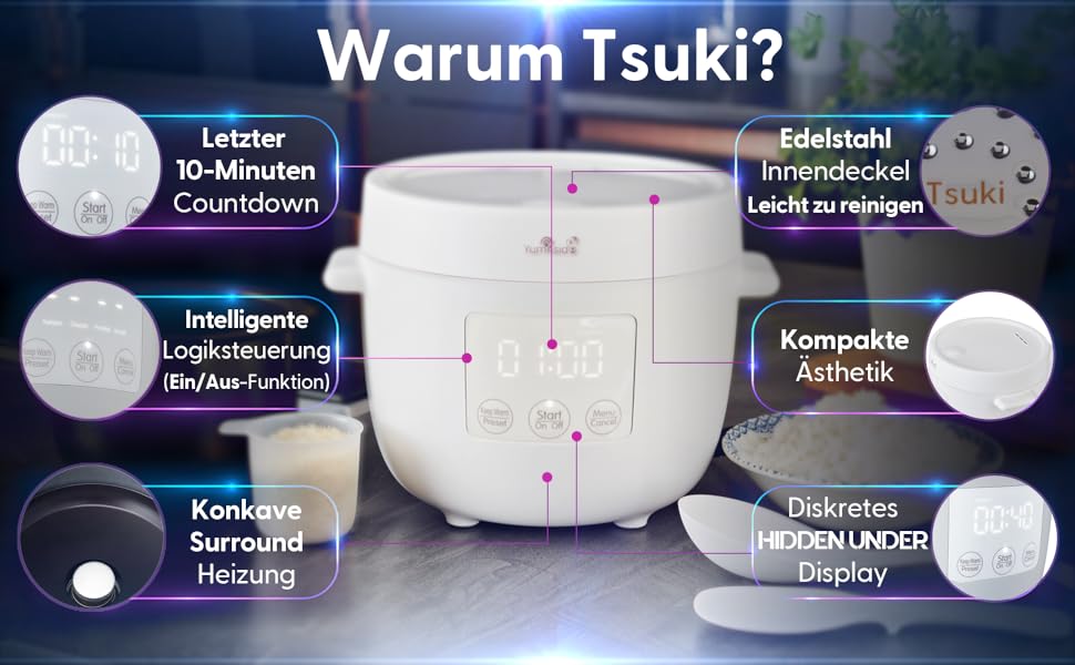 Рисварка Yum Asia Tsuki Mini з керамічною чашею Shinsei (2,5 чашки, 0,45 л), 5 функцій приготування рису, 2 функції мультиварки, LED-дисплей, 220–240V (Білий)