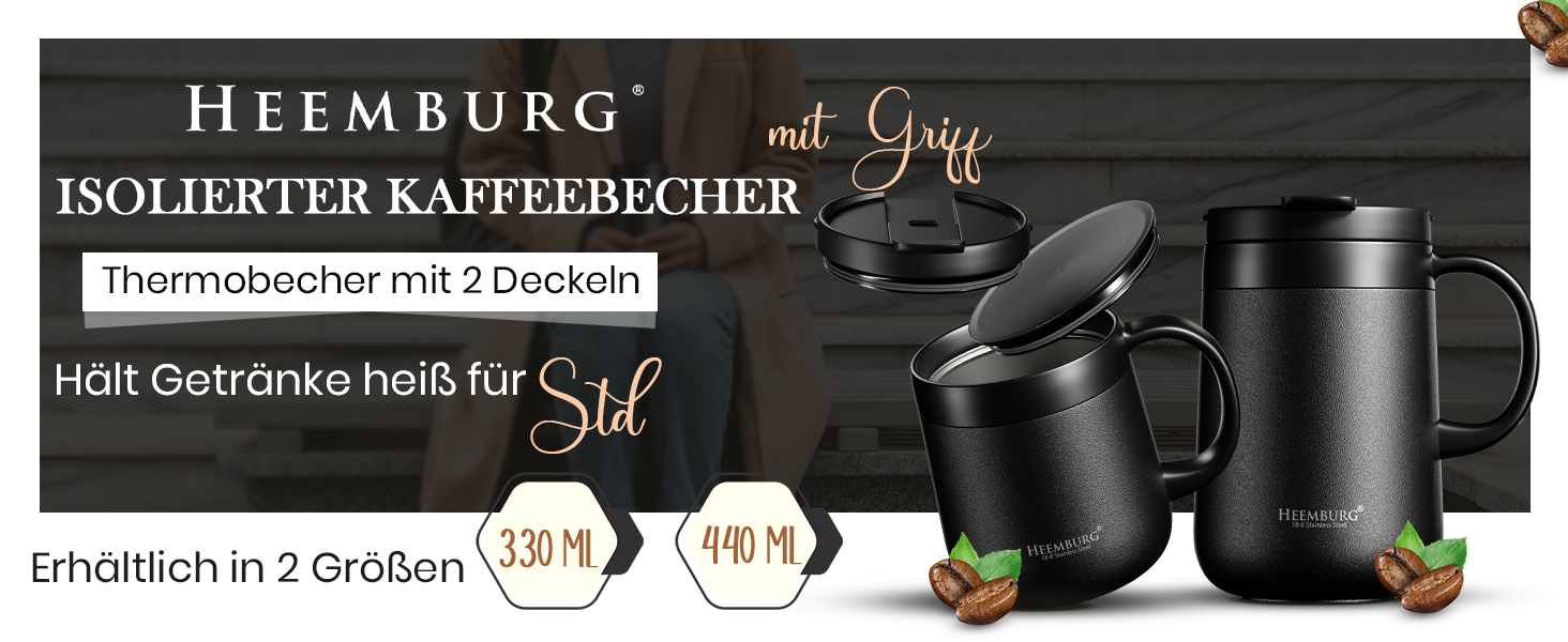 Термокружка з ручкою, подвійні стінки, вакуумна ізоляція, нержавіюча сталь 18/8, з 2 кришками, протиковзке дно, 440 мл, для офісу та робочого місця
