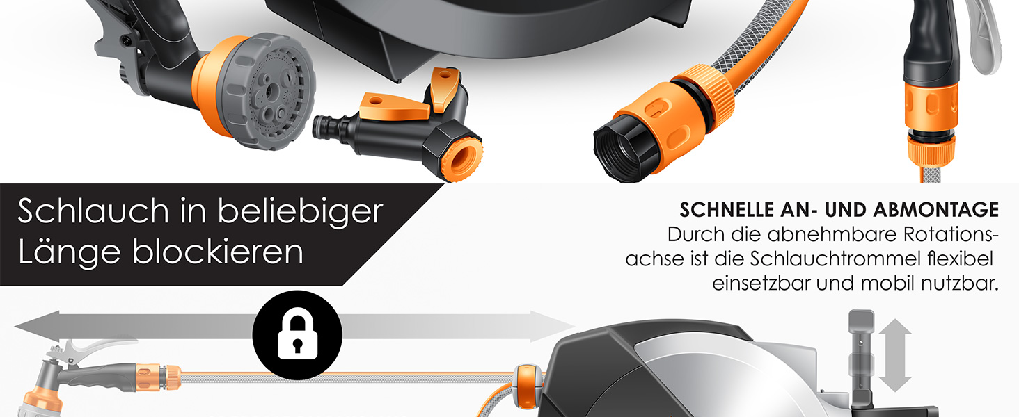 Шланг для саду KESSER® 35м з автоматичним підйомом | Шланг для поливу з тримачем для стіни | Водопровідна коробка для стіни з ручною лійкою 7-функцій | Антрацит/Чорний