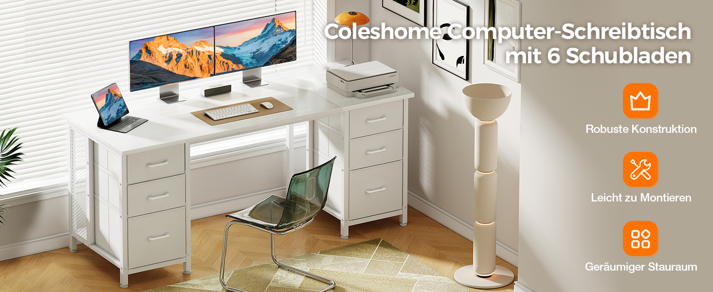 Комп'ютерний стіл Coleshome з 6 шухлядами, 160x52 см, білий для дому та офісу