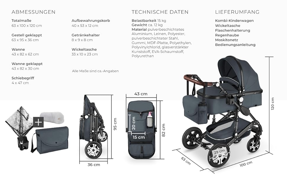 Дитяча коляска Tectake 2 в 1, розкладна, з люлькою, вагончиком, підстаканником, дощовиком, сірого кольору