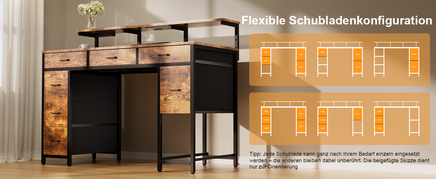 Комп'ютерний стіл з 8 висувними ящиками, 2 розетками, USB-портами, LED-підсвічуванням та підставкою для монітора, 120 x 50 x 74 см, Колір: Коричневий