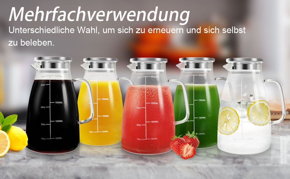 Скляна карафа Aofmee 2 літри з кришкою, для води, соку, айс-ті, 2L