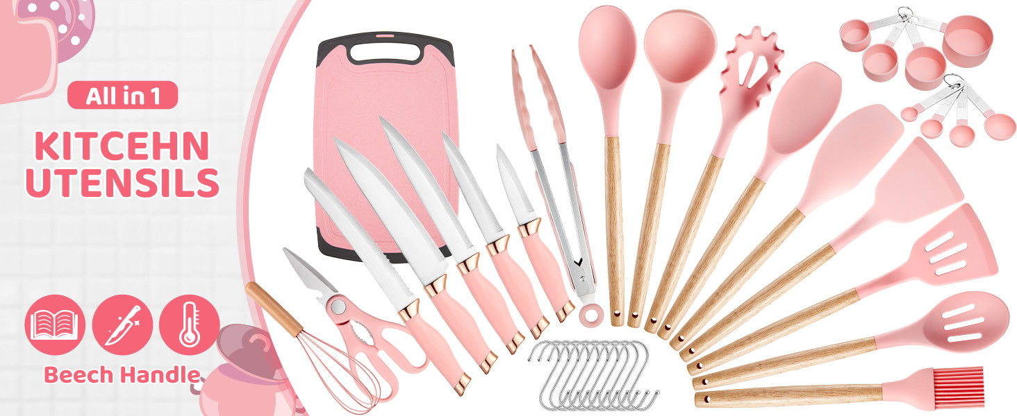 Набір кухонних аксесуарів 37 шт. з силікону, рожевий. Набір кухонних помічників, стійкий до високих температур, придатний для миття в посудомийній машині, з антипригарним покриттям