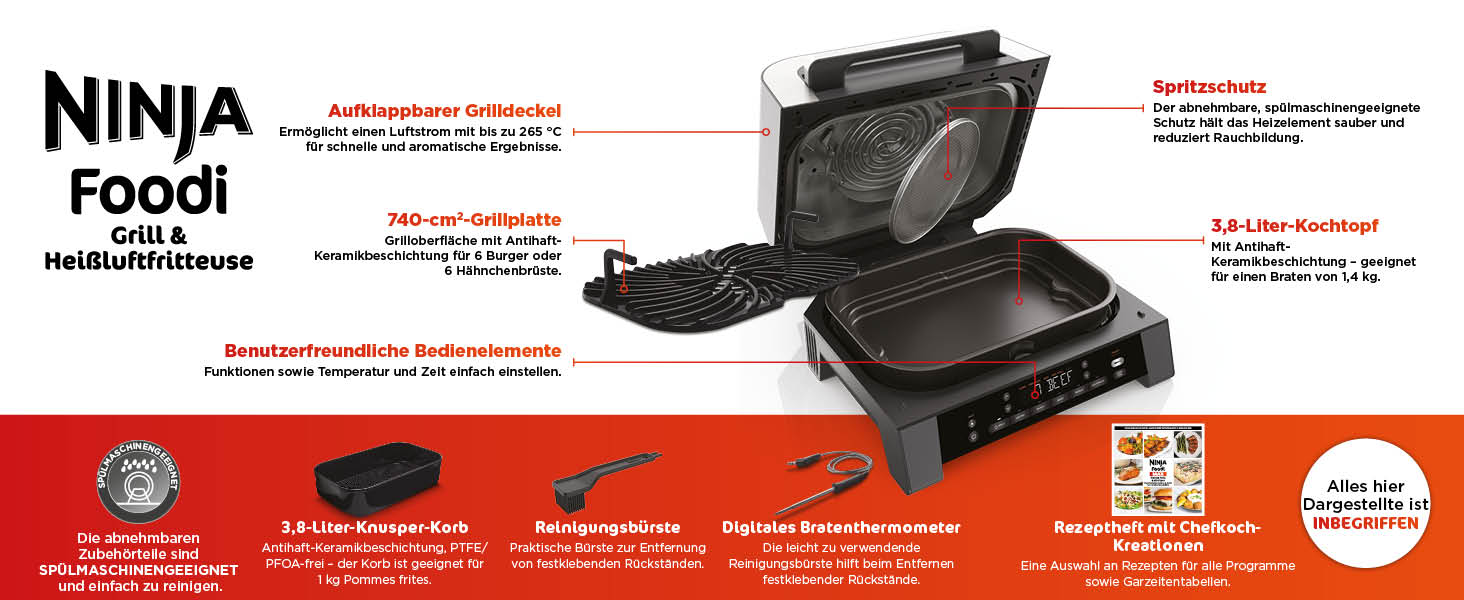 Ninja MAX 6-в-1 гриль та фритюрниця з гарячим повітрям для дому, 6 функцій приготування, об'єм 3.8 л, цифровий термометр, сірий/срібний, DG551EU