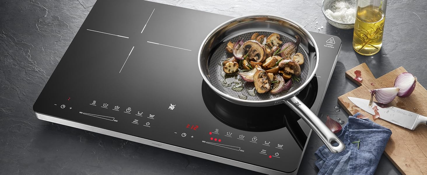 Індивідуальна індукційна плита WMF Kult X з 2 конфорками, діаметром до 28 см, 8 рівнів, функція розпізнавання посуду, сенсорний дисплей, склокераміка, таймер, 3500 Вт