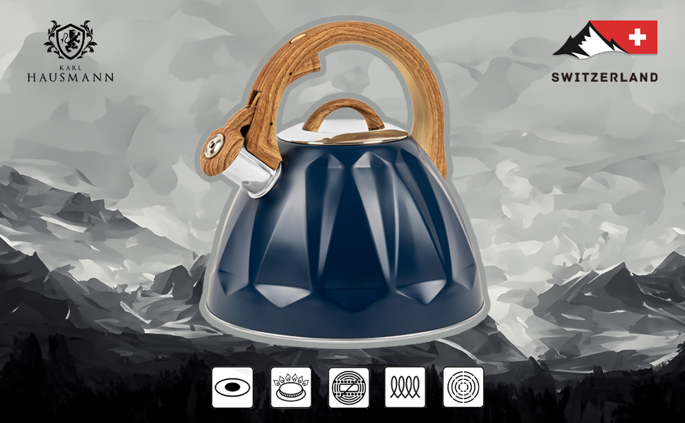 Чайник для води Karl Hausmann Induktion 3L з автоматичним свистком - нержавіюча сталь, сумісний з індукційними, газовими та електричними плитами