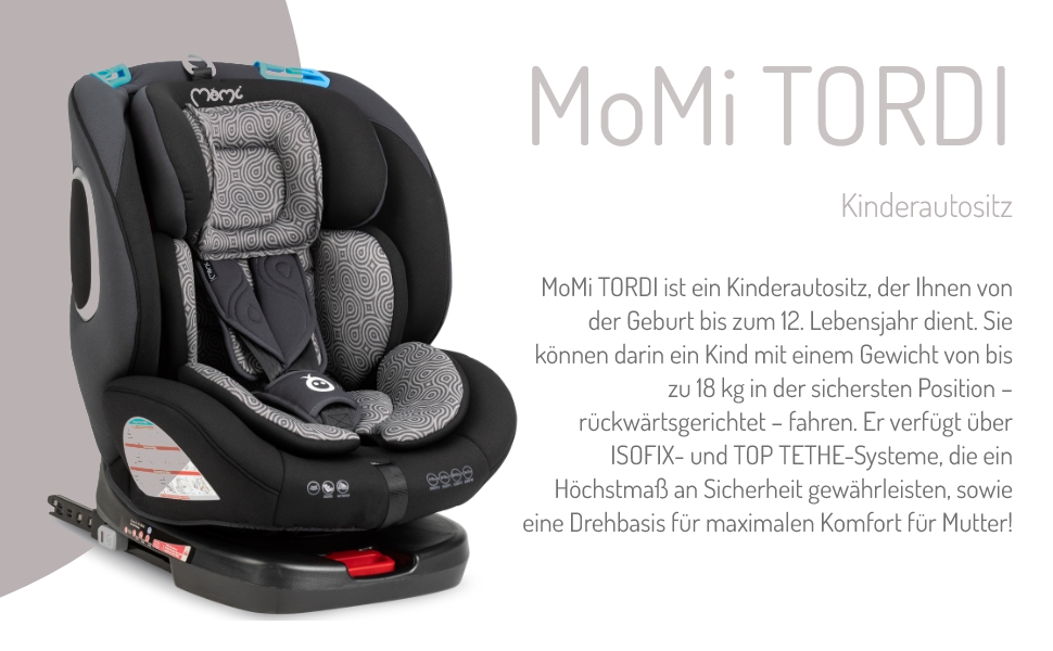 Автокрісло MoMi TORDI 0-12 років (група 0-3, 3-36 кг), поворотне, ISOFIX, Top-Tether, Grey