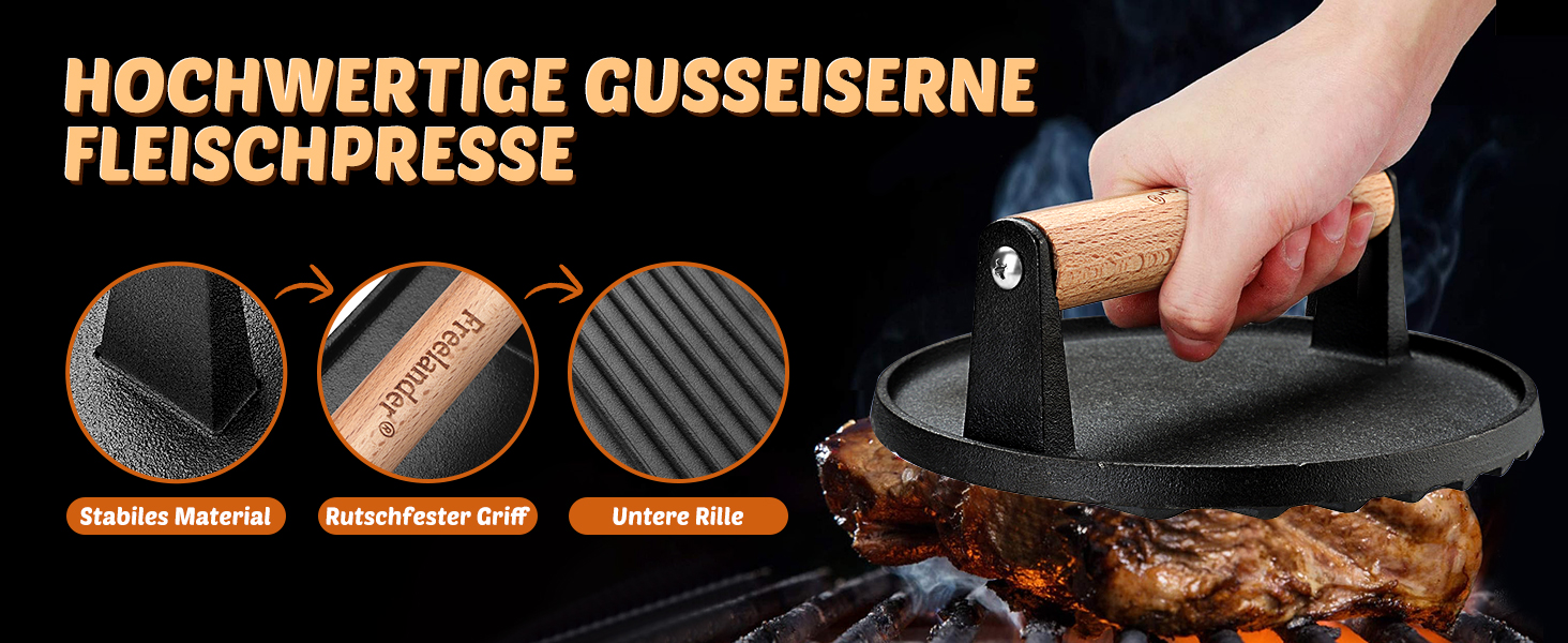 Пресс для бургерів Freelander з чавуну, набір для приготування смашених бургерів (круглий Ø 17.6 см, прямокутний 20.5 см), прес для гриля з термостійкою ручкою, великий бургерний прес для BBQ, стейків, сендвічів, чорного кольору