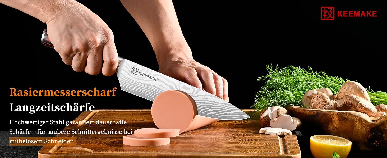 KEEMAKE Ніж кухарський 20см, професійний ніж для кухні з нержавіючої сталі з захистом леза, гострий ніж шеф-кухаря для м'яса, овочів, риби
