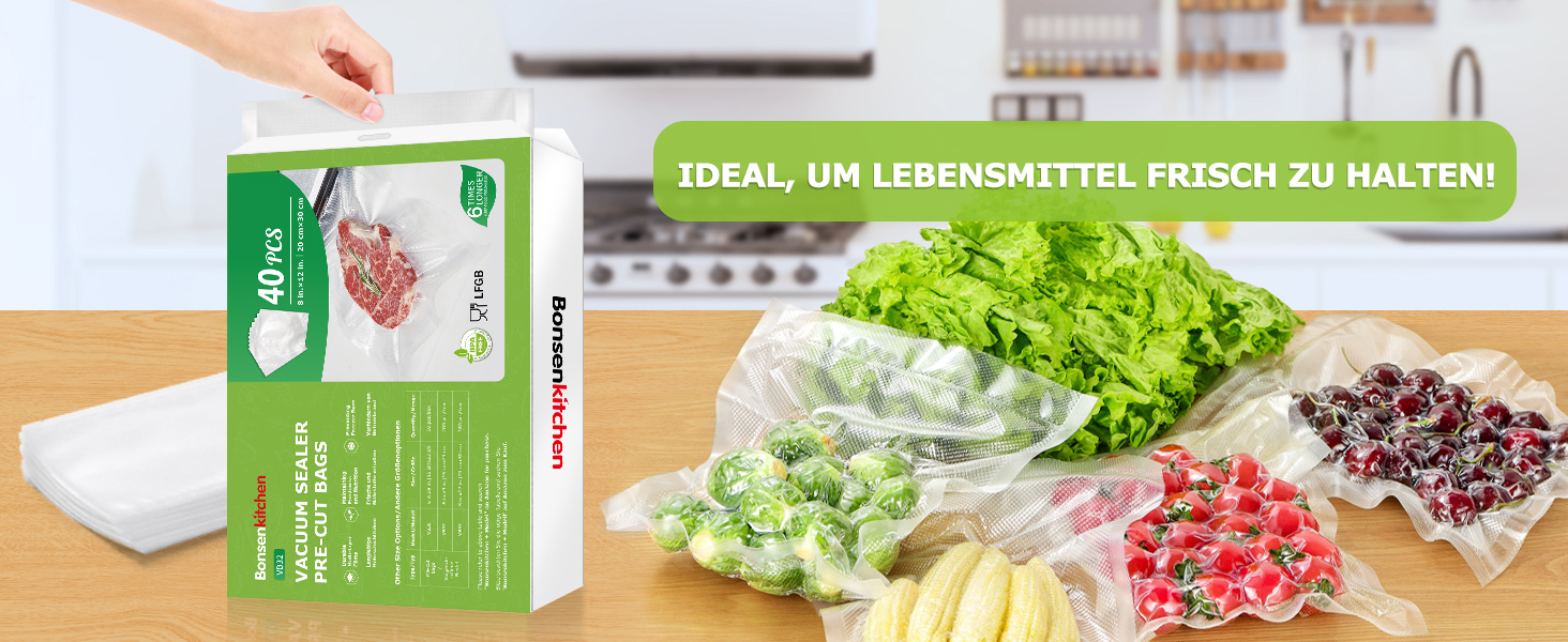 Пакети вакуумні Bonsenkitchen Profi VB3205 (20x30 см, 40 шт) для харчових продуктів, Sous Vide, вакуумних апаратів, без BPA