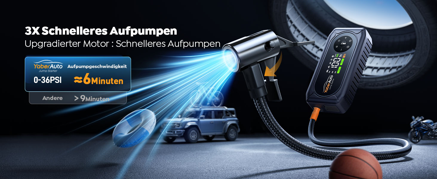 Powerbank для автомобіля YaberAuto AP02 з компресором, 150PSI, 4500A, LED ліхтар 500 люмен, LCD дисплей 3.3