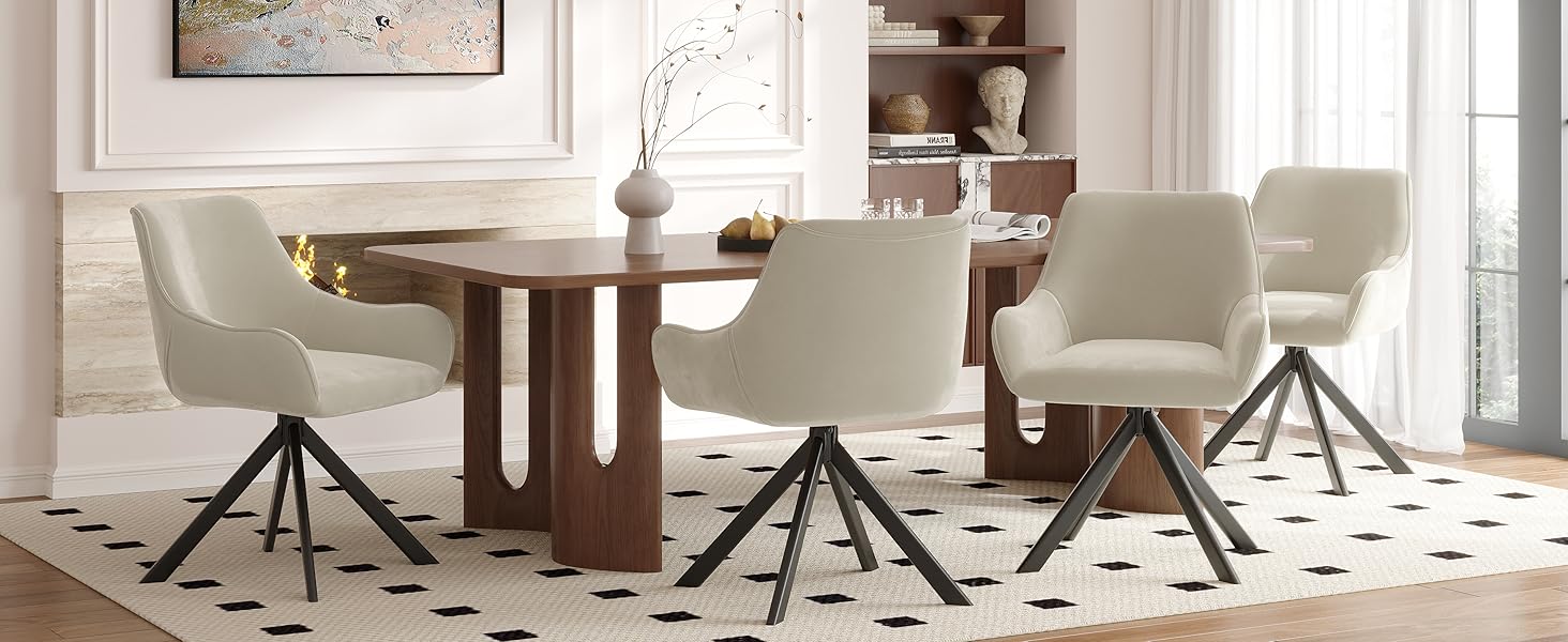 Обідні стільці поворотні, комплект 6 шт. з підлокітниками, 360° - м'які стільці з тканини льон, сучасний дизайн, металевий каркас, для кухні, вітальні, офісу, бежевий