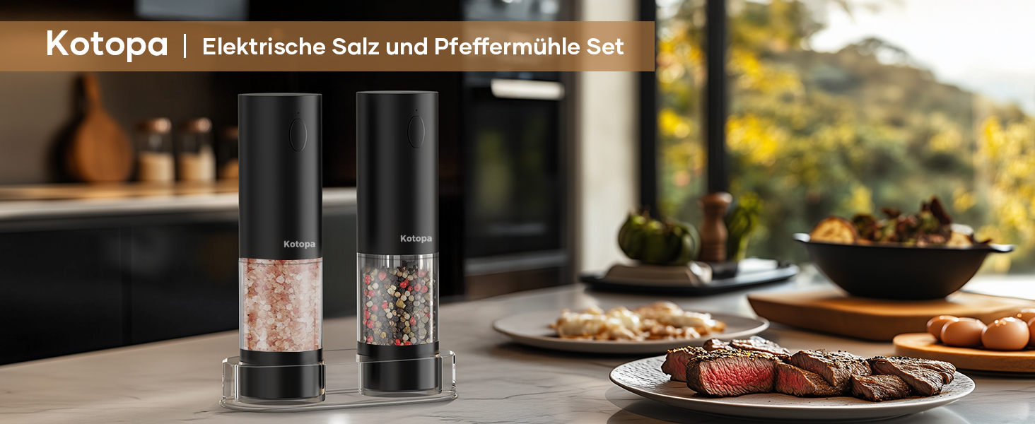 Електричні солі та перечні млини 2 шт. (чорні) з регулюванням помелу, LED-підсвічуванням та великим резервуаром 100 мл