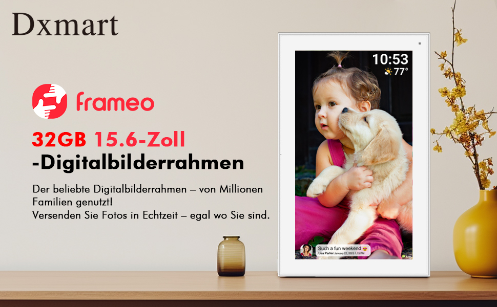Цифровий фоторамка FRAMEO з Wi-Fi, 32 ГБ, 10,1 дюйма, IPS LCD, сенсорний екран, Smart Cloud, автоматичне обертання, підключення до Frameo App (15,6 дюйми, білий)