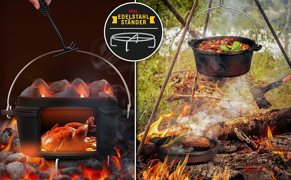 Набір голландських казанів KESSER® BBQ: голландський казан, посуд для приготування на грилі, котел для гуляшу, чавунний посуд з кришкою та термометром (4.2 л)