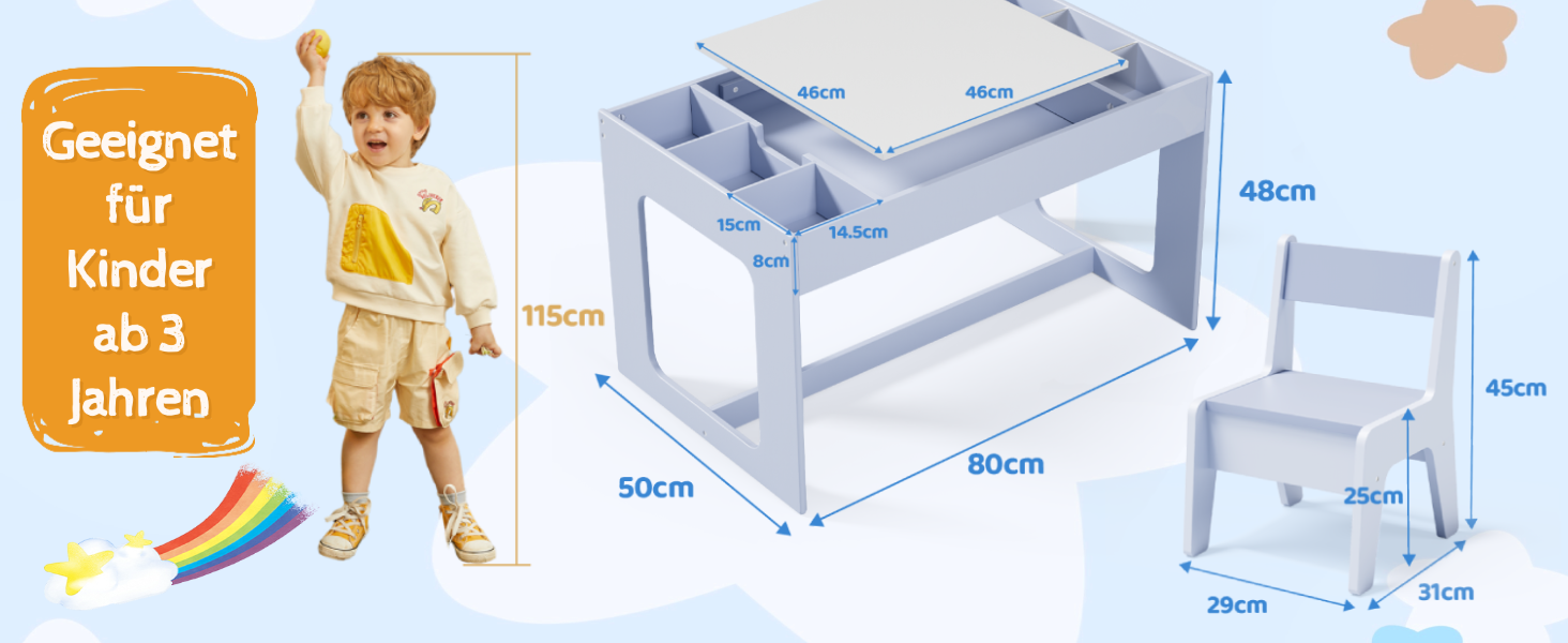 Дитячий стіл та комплект стільців Mamizо з місцем для зберігання, блакитний. Підходить для дитячої кімнати, школи, дитячого садка, від 3 років.