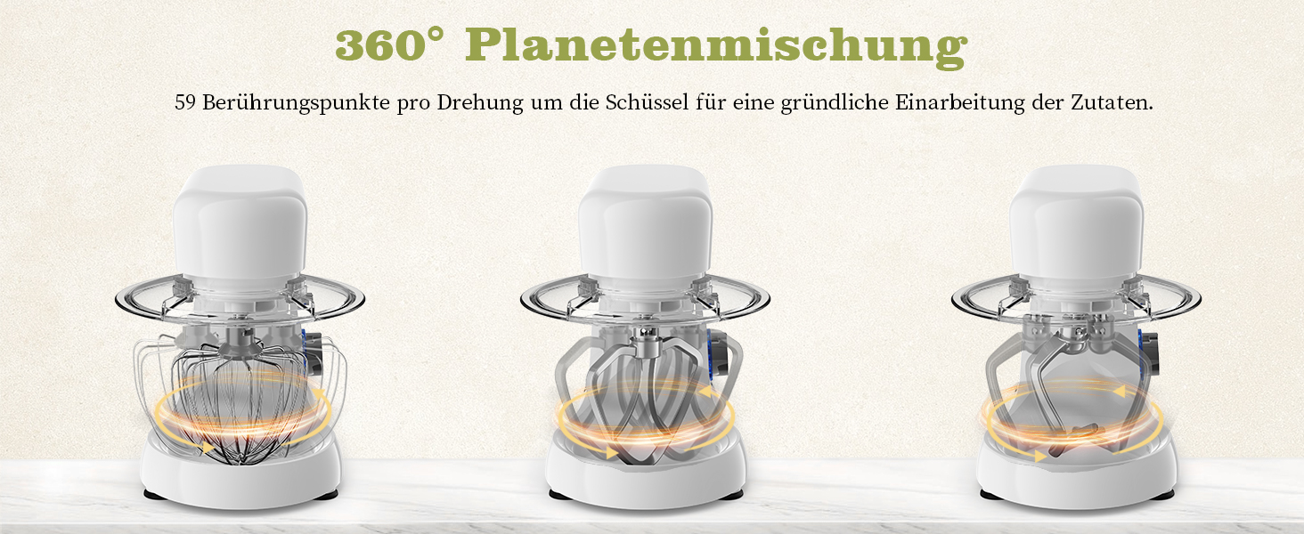 Кухонна машина Zuccie з тихою роботою, місткістю 5л, з нержавіючою чашею, 3 насадки, сплітц-захист, скребок для тіста та роздільник яєць, 8+ швидкостей.