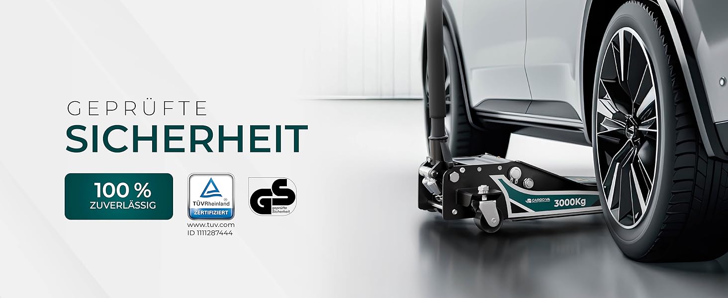 Гідравлічний домкрат CargoVA 3T з низьким профілем (75-505мм) + килимок + 2 гумові накладки | Для SUV та авто з низькою посадкою | Професійний набір для заміни коліс (TÜV)